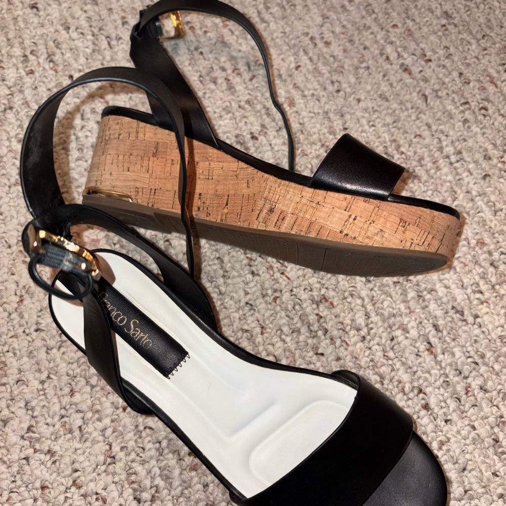 Franco Sarto Black and Tan Wedge Sandals